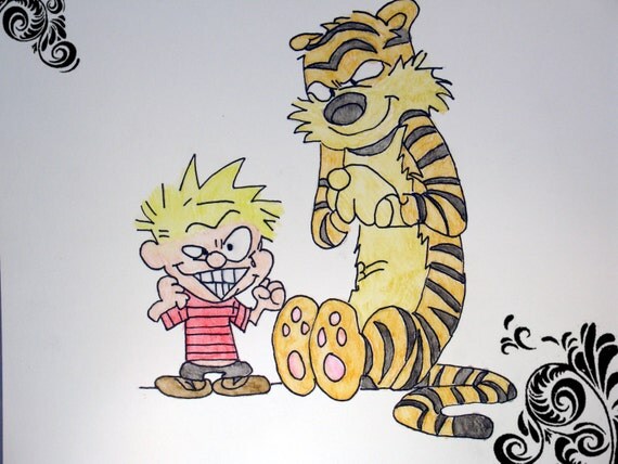 Calvin and Hobbes watercolor, original watercolor, signed watercolor, tiger watercolor, orange watercolor, animal watercolor,kids watercolor