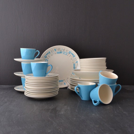 RESERVED for S Mid Century Dinnerware Set Blue Heaven