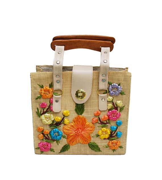 60s Floral Straw Handbag Wooden Handle Phlippines by MadgesHatBox