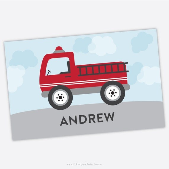 Personalized Childrens Placemat - Firetruck / Fire Engine - laminated, double-sided Il_570xn