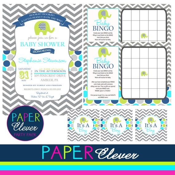 Modern Elephant Baby Shower Invitation party kit - digital file #704 Il_570xn