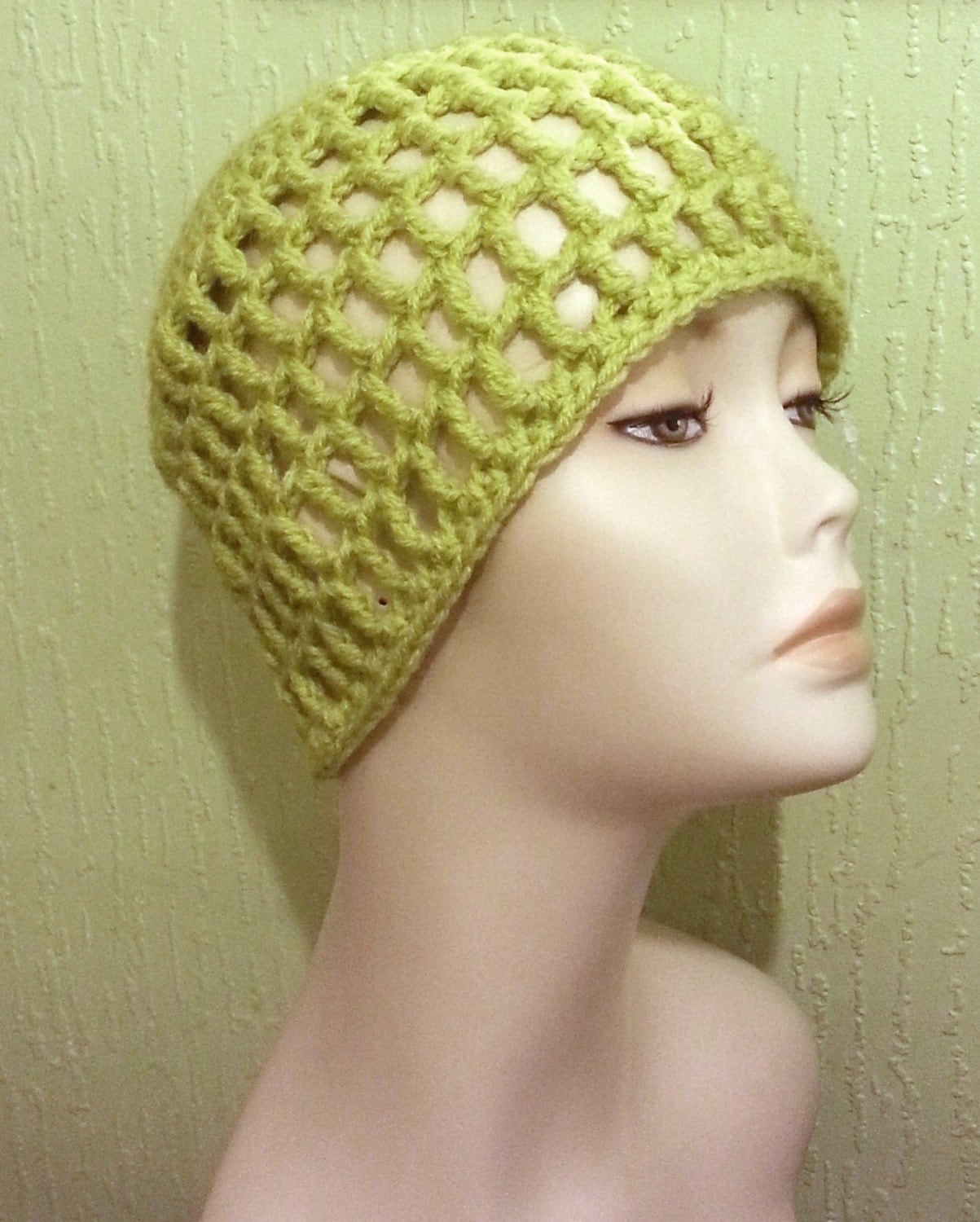 Crocheted Mesh Hat Mesh Cap Beanie Lime Green Color