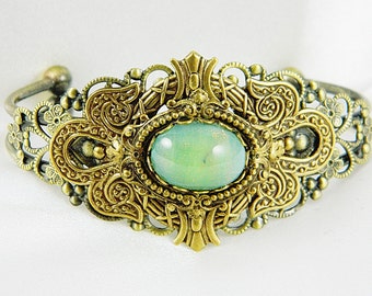 Cuff Bracelet, Filigree Bracelet, Jade Green, Filigree, Antique Brass