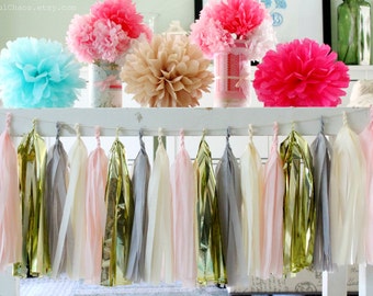 Light Pink, Grey, Cream, Gold Tissue Paper Tassel Garland- Wedding, Birthday, Bridal Shower, Baby Shower, Garden Party Decorations