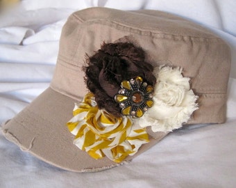 Cadet Military Distressed Khaki Army Hat with Shabby Frayed Flowers and a Beautiful Mustard Amber Pendant Embellishment
