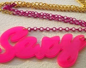 Sexy Word Laser Cut Acrylic Neon Pink Necklace