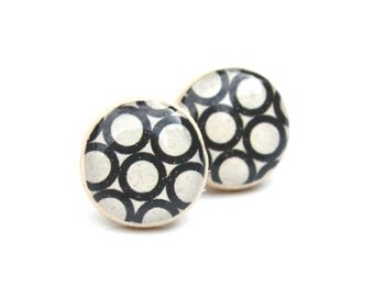 Black geometric post earrings geometric studs white studs eco friendly jewelry, wood earrings, minimalist jewelry