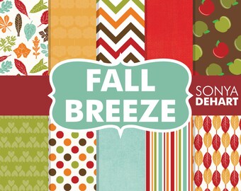 60% OFF SALE Fall Digital Paper Fall Breeze Autumn Leaves Apples Polka Dots Chevron