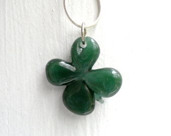 Four Leaf Clover Necklace, Shamrock Glass Boro Pendant, Lucky Charm for St Patrick's Day