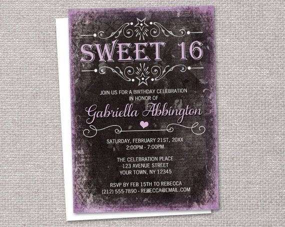 Black Grunge Sweet 16 Invitations - Printed or Printable - Pink Purple or Blue Teal Chic Vintage Typography Il_570xn