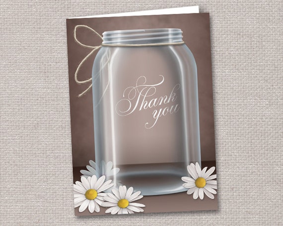 Vintage Mason Jar Thank You Cards PRINTED - Folded - White Yellow Daisies Brown Il_570xn