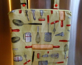 Kitchen Wet Bag 12" X 15", zippered with oven bar handles, kitchen utensil print.