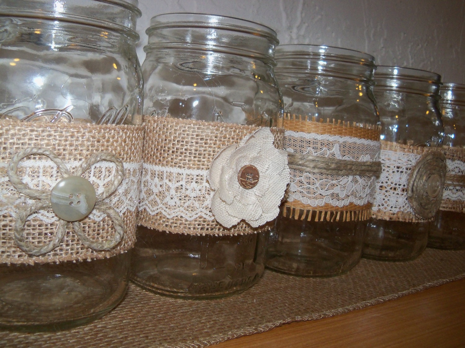 Rustic Mason Jars / Burlap and Lace Wedding Decor by JumbledBrains