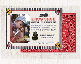 TRAIN Birthday Invitation - All Aboard - Choo Choo - Personalized with PHOTO - Custom Text - two sided print