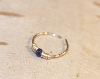 Small Thin Nose Ring, 24 gauge, Blue Beaded Nose Ring, Nose Hoop, Hoop Earring, Cartilage Hoop, Endless Hoop Seamless Hoop Piercing Jewelry