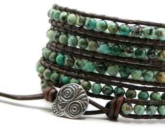 Turquoise wrap bracelet, Anne Choi sugar skull, Leather beaded bracelet, Rustic turquoise five wrap, stack bracelet, boho gift