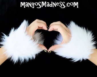 white faux fur, furry wrist cuffs, mittens, hand warmers