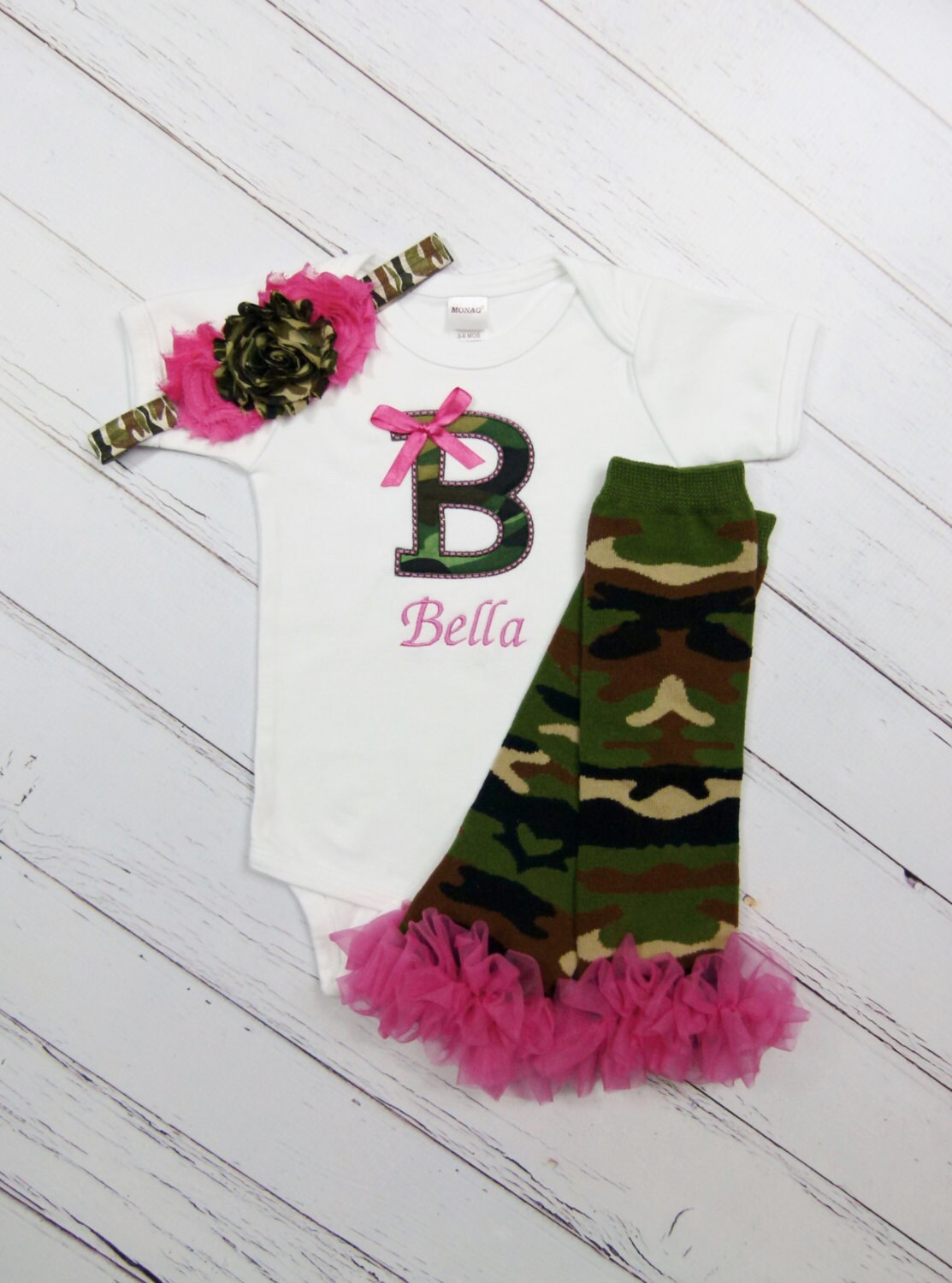 Camo Monogram Baby Girl Personalized Bodysuit or Gown by mamabijou