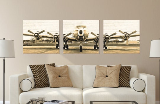 Set of 3 Vintage Airplane Photo Canvas Canvas Wall Art