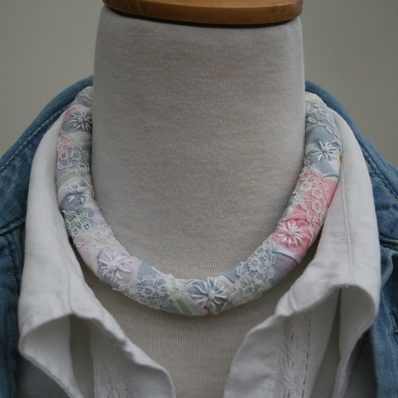 Pastel Necklace  pink and grey fabric strips with by Lynwoodcrafts