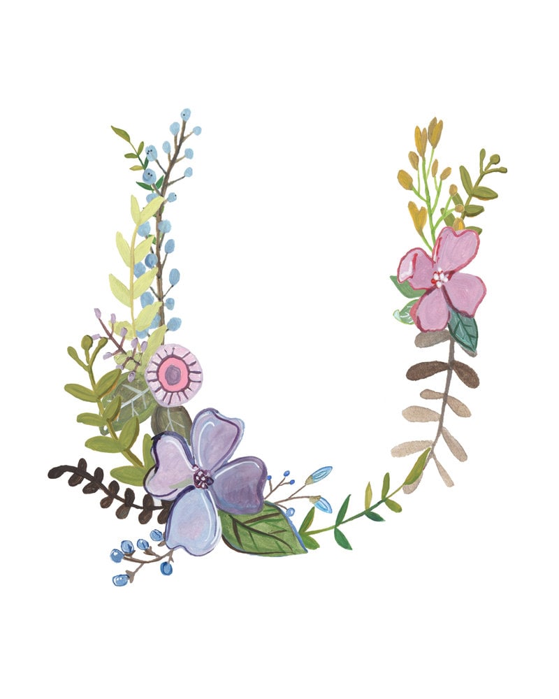 U Floral Letter Illustration Floral Typography Print