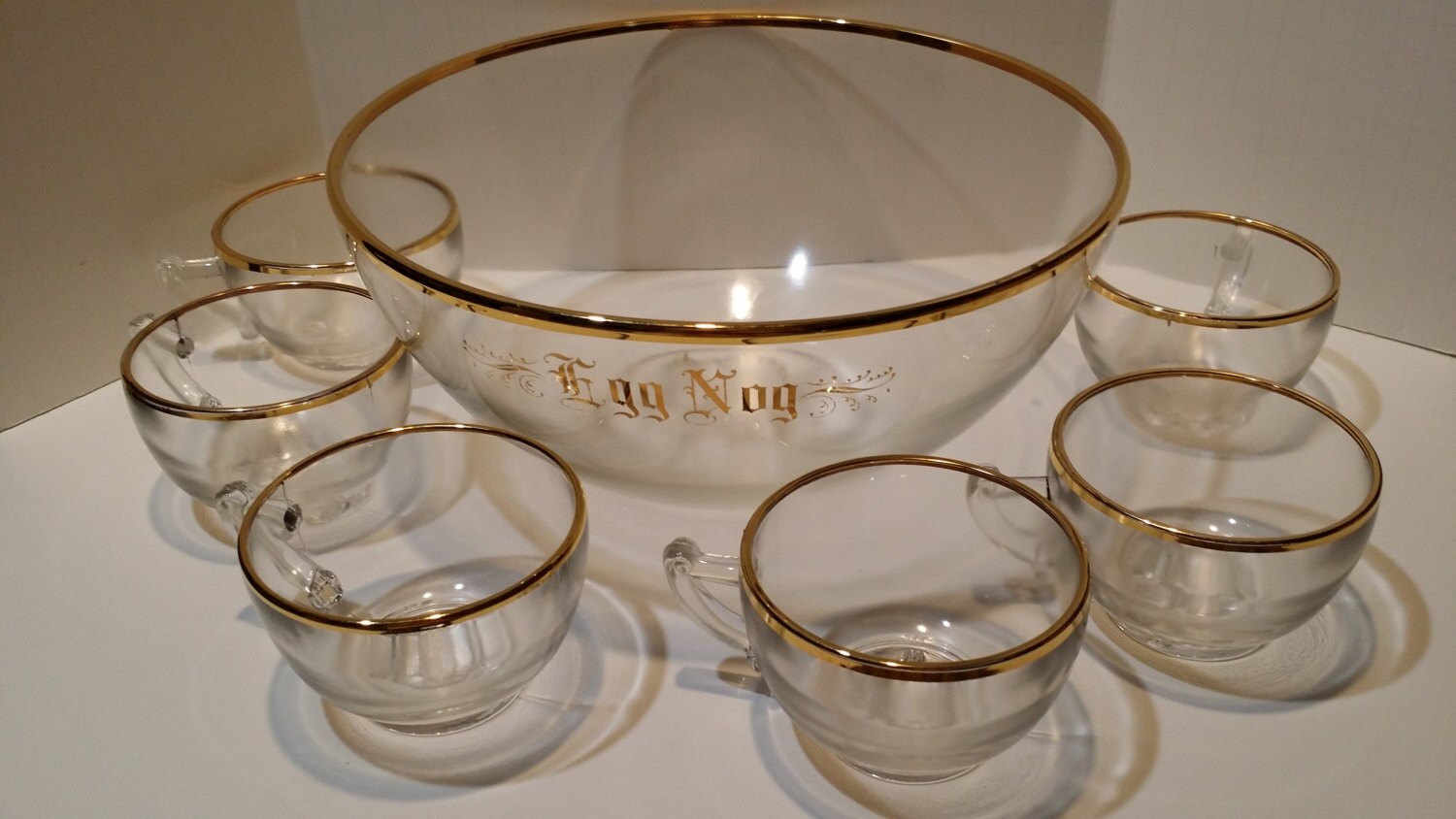 Vintage Gold Trimmed Glass Eggnog Punch Bowl with Six