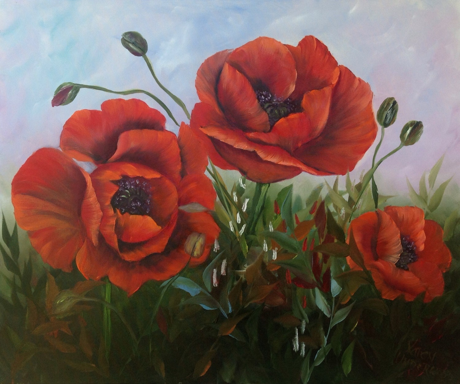 Red Poppies Large Oil Painting on Box Canvas 20 x 23 inches