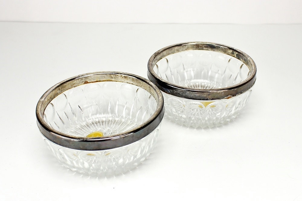 Vintage Silver Rim Crystal Bowls Set of Two Cut Crystal