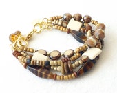 Earth Tone Gold Multi Strand Bracelet Trending Boho Bohemian Stacking Modern Trendy Handmade Brown Beige Tan Beach Jewelry Mothers Day Gift