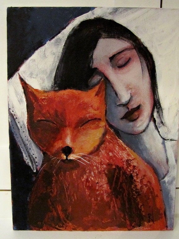 Art, Original Acrylic Painting, Cat, Female Portrait, Sleeping, 9" x 12"