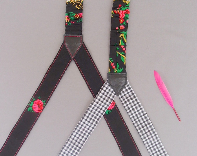 Checkered Womens Suspenders Black Women Suspenders Pink Rose Suspenders Patterned Braces Gift for her Girlfriend Gift Baboshkaa