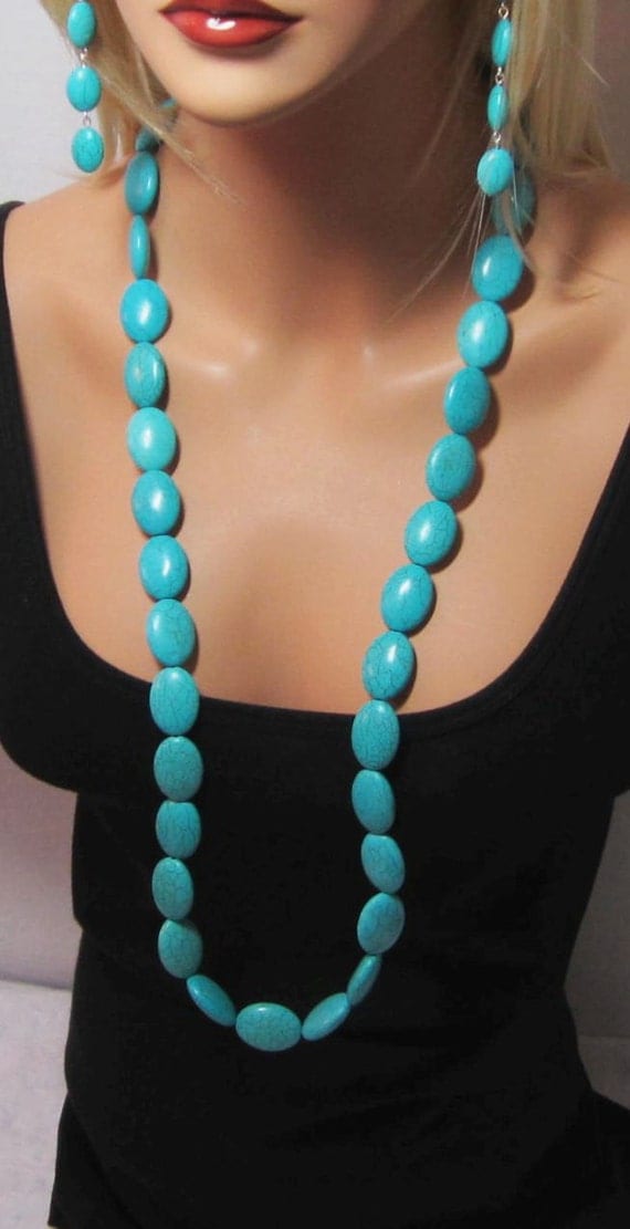 Long Turquoise Necklace Oval Bead Turquoise Necklace by LuvaBead