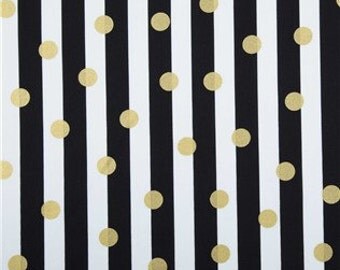 FABRIC-Black and White Stripe with Gold Polka Dots Fabric by the Yard-Quilt Fabric-Apparel Fabric-Home Decor Fabric-Fat Quarter-Craft Fabric