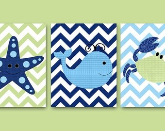 Bathroom Wall Art Sea Whale Nursery Starfish Nursery Crab Nursery Baby Nursery Art Nursery Wall Art Kids Room Decor Kids Art set of 3 Blue /