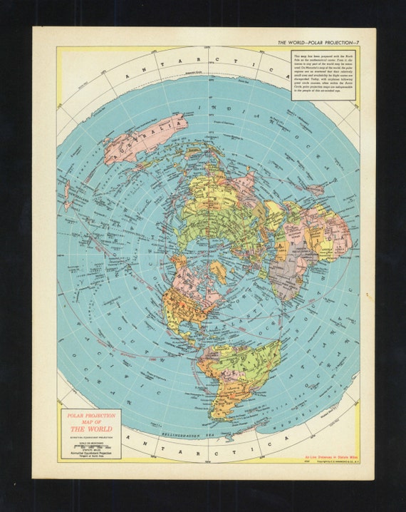 Vintage World Map Polar Projection From 1953 by ManyPlacesMaps