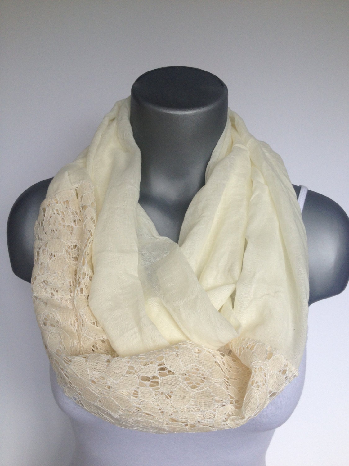 Ivory Scarf Infinity Scarves Lace and Plain Scarf by ScarvesScene