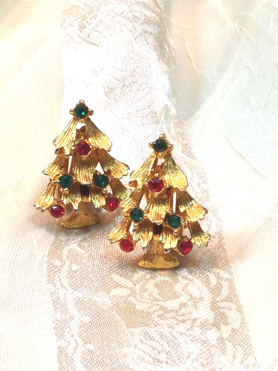 Vintage Christmas Tree Earrings Clip On 1970s Estate Jewelry
