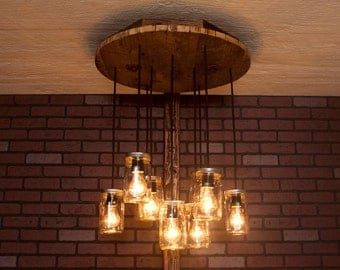 Mason Jar Chandelier With Reclaimed Wood and 10 Pendants. R-26C-CMJ-10