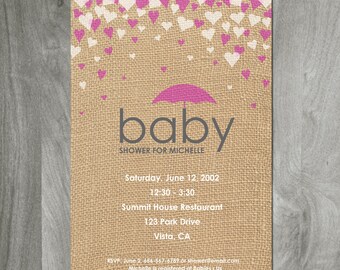 Baby Girl Shower Invitation, Burlap Background, Custom Digital File, Personalized, Diy Printable, 5 x 7 Card