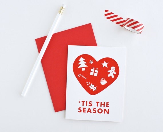 Tis The Season, Holiday Card, Red, Screenprinted