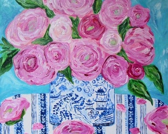 GICLEE PRINT, Peonies in Blue and White Ginger Jar, Floral Still Life, Pink Peonies,"Frances" by Carolyn Shultz