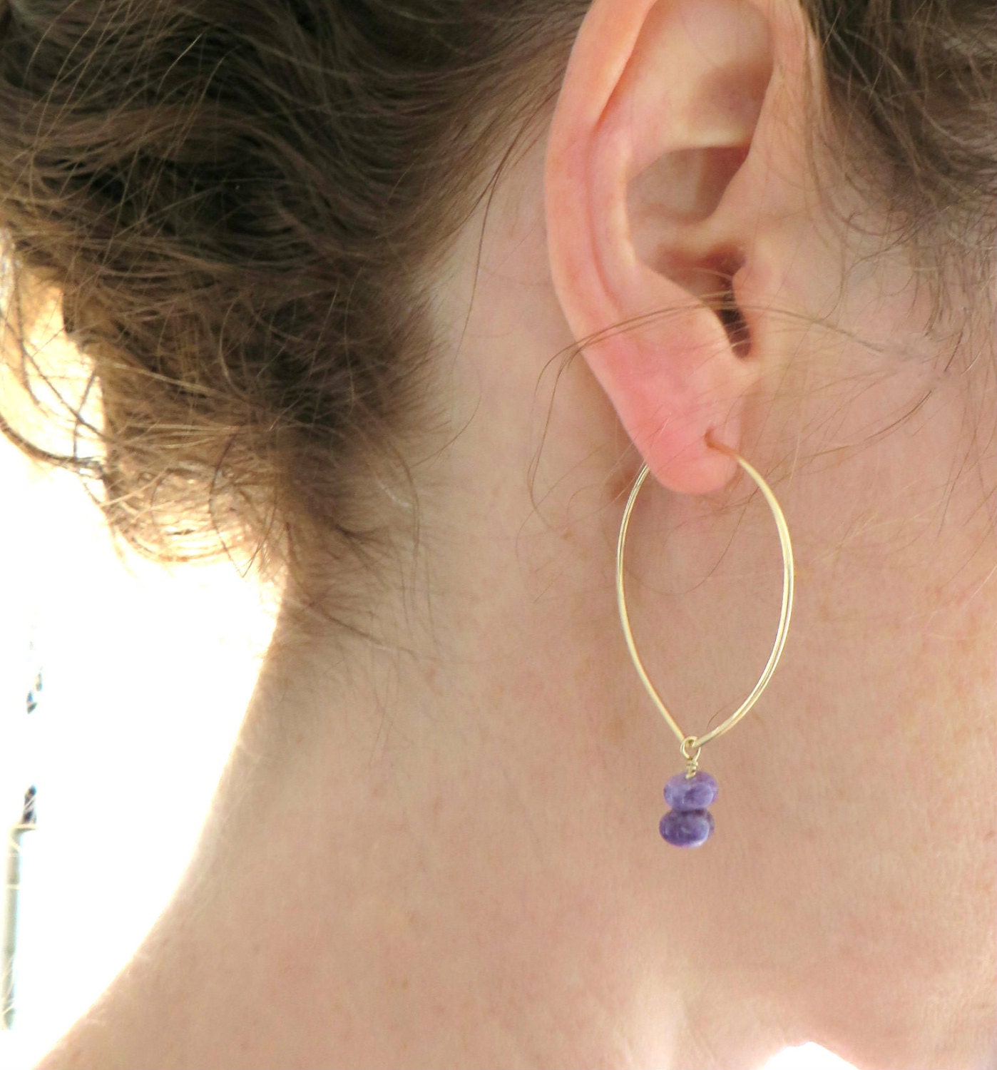 Gold Hoop Earrings Lotus Flower Charoite by LotusHandmadeHoops