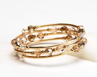 Champagne Gold Memory Wire Bracelet - Golden Shadow Swarovski Crystal Bracelet - Handmade Gold Bridal Jewelry