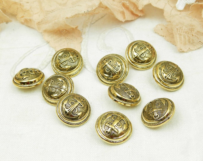 10 Vintage Gold Colored Unused Anchor Buttons / French Vintage Sewing / Haberdashery / Craft Supplies / Costume / Clothing / Sailor Suit