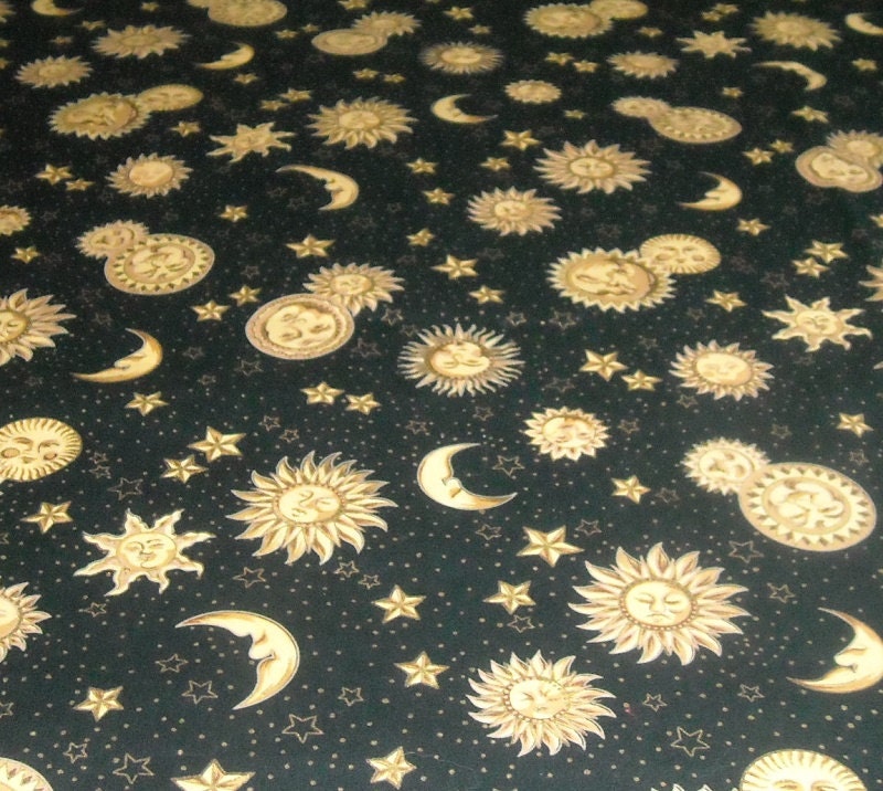 Sun Moon Stars Celestial Fabric Shades of Gold On Black