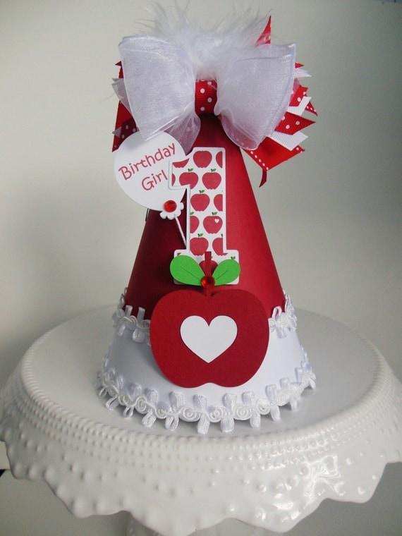 Lil' Apple Birthday Party Hat - Apple of My Eye - Red and White - Personalized Il_570xn