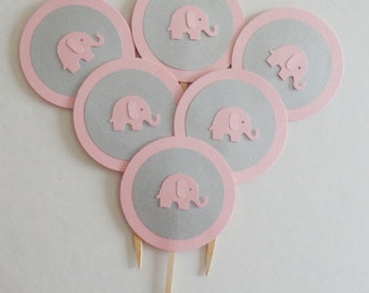 12 pink and silver elephant cupcake toppers