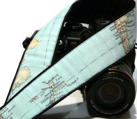 World Map Camera Strap.  Vintage Camera Strap. Canon Camera Strap. Nikon camera Strap. SLR dSLR Camera Strap. Camera Accessories