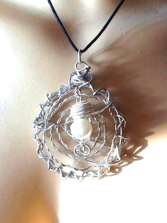 Unique silver plated wire wrapped pearl pendant, swirly, spiral style FREE SHIPPING!