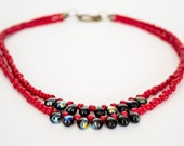 BLACK FRIDAY SALE - Black Teardrops & Red Glass Beads Two Strands Necklace
